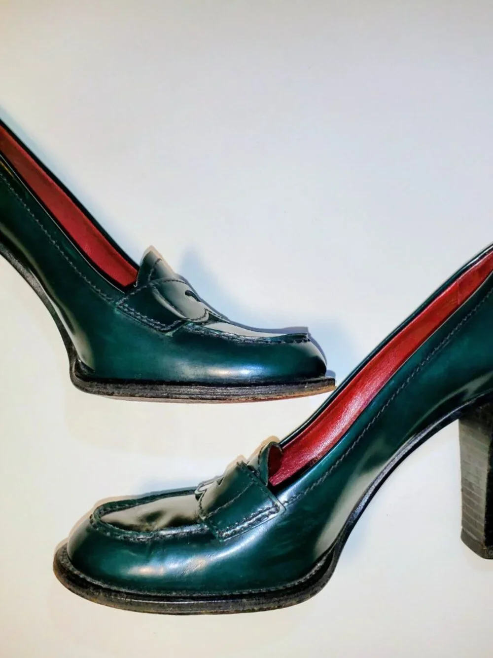 Prada Green Leather Penny Loafer Luxury Heels EU 38 39 US 8.5 Made in Italy - Picture 4 of 11